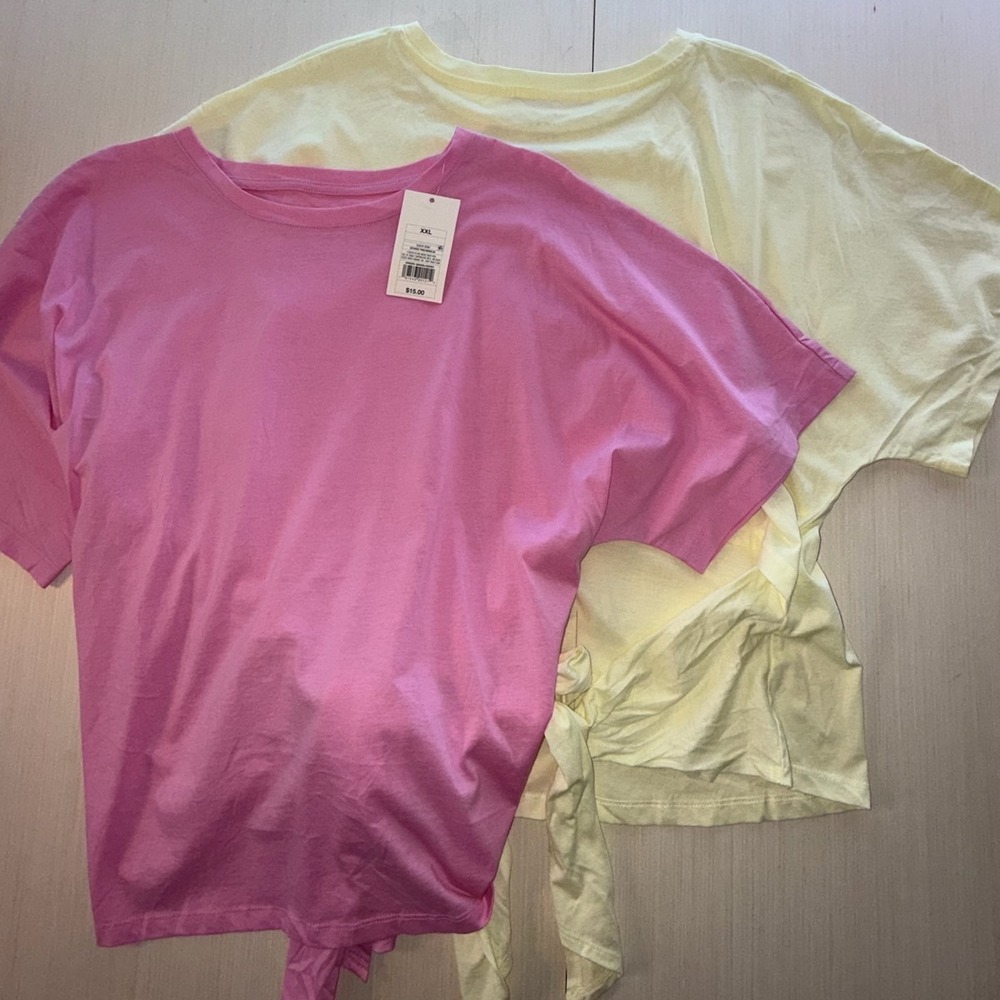 A New Day Women XXL TWO T-Shirt Bundle Pink AND Yellow Tie Back Short Sleeve